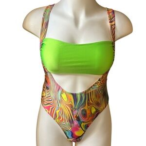 Sugarpuss Neon Green and Multicolor Swirl Bodysuit Swimsuit with Bandeau Top NWT